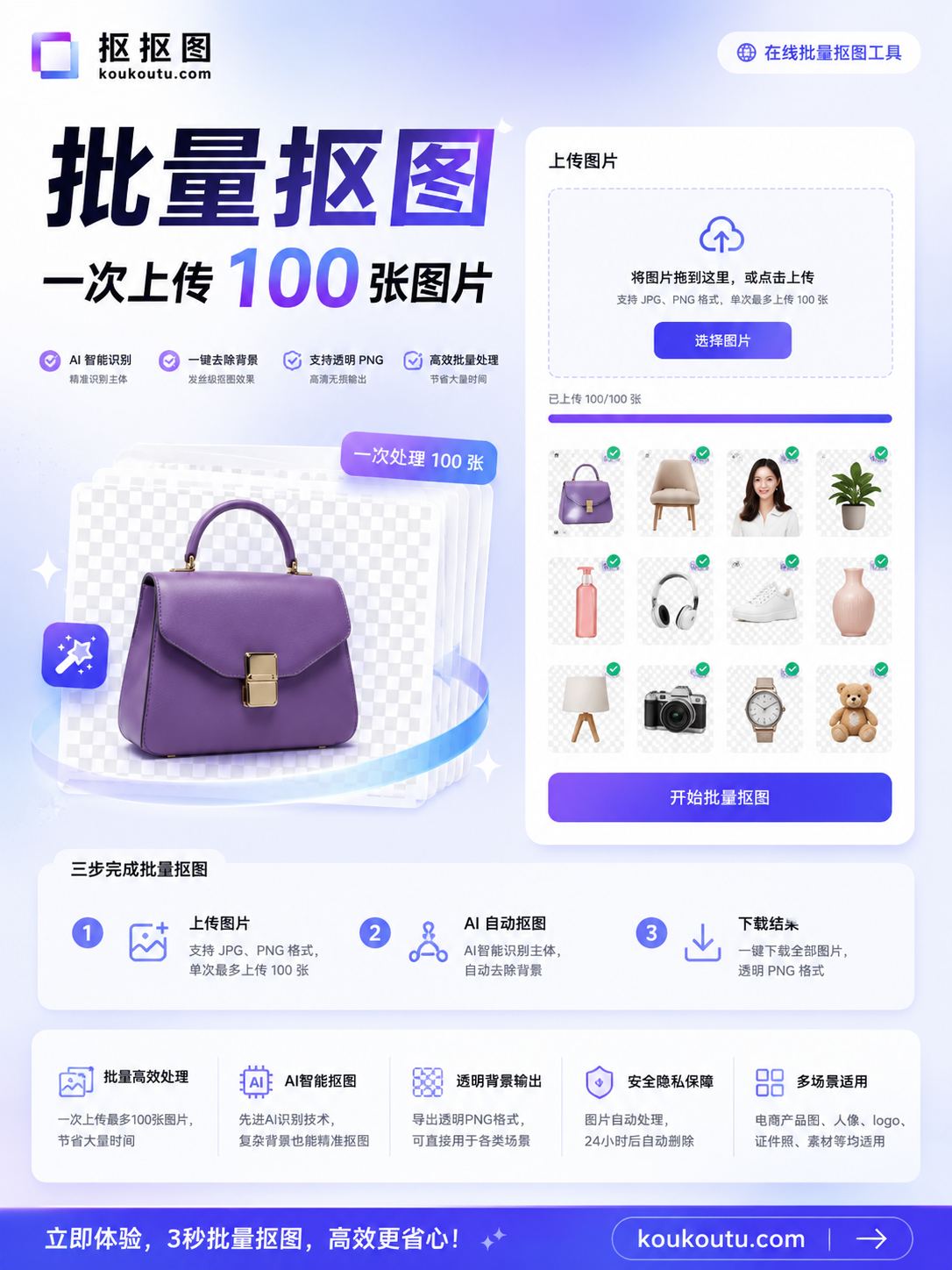 抠抠图:一次上传 100 张图片,AI 自动批量去背景